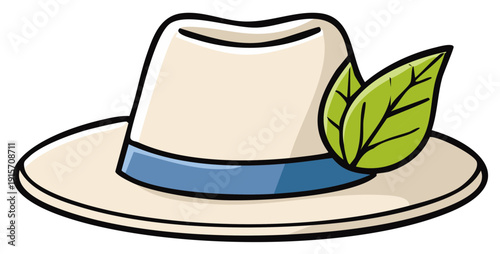 Simple cartoon illustration of a beige summer hat with a blue band and green leaf decoration