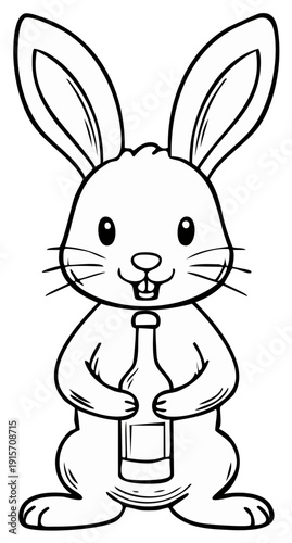Whimsical Cartoon Rabbit Hugging a Bottle with Big Ears and Playful Eyes