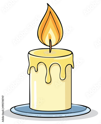 Cartoon illustration of a single lit yellow candle with a bright flame and melting wax on a saucer
