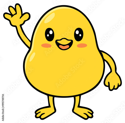 Adorable happy yellow cartoon character with egg-shaped body waving its hand cheerfully