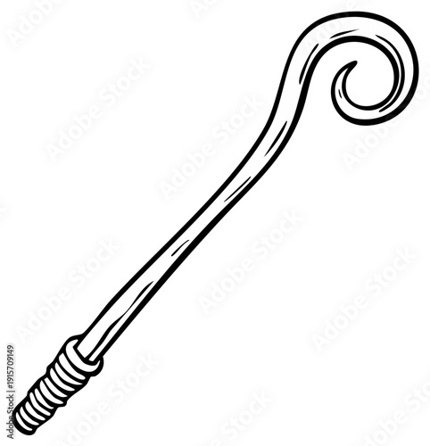 Cartoon line art illustration of a walking stick or staff