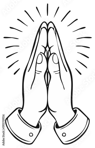 Illustration of hands clasped together in prayer with radiating light lines symbolizing divine connection or blessing