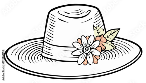 Elegant Woman's Straw Hat Ornamented with Flowers and Leaves in Line Art Style