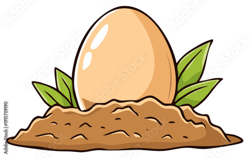 Cartoon illustration of a brown egg planted in earthy soil with green leaves growing