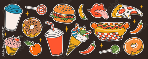 fast food cartoon sticker set with burgers donuts, pizza, hot dog, coffee and sweets on dark background. Fast food cartoon vector elements line sticker style. Stickers, packaging, branding, menus