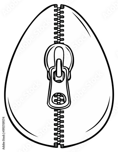 Stylized egg shape with a prominent zipper down the center representing opening or closure