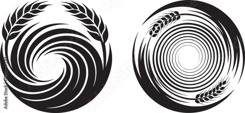 Abstract Swirls and Wheat Ears in Circles, Black and White Vector Symbols for Agriculture or Harvest