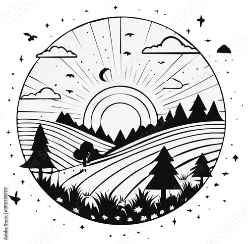 Stylized Circular Landscape with Sunrise Sunrays Hills Trees and Clouds