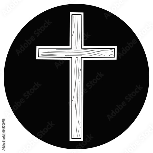 Wooden Christian cross inside a black circle illustration