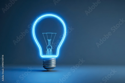 Illuminated light bulb glowing with neon blue outline symbolizing innovation and bright ideas against a dark minimalist background for creativity concepts