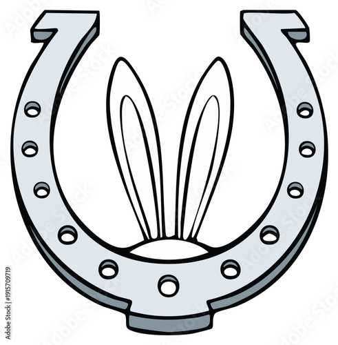 Stylized silver horseshoe with white rabbit ears symbolizing good fortune and Easter holiday