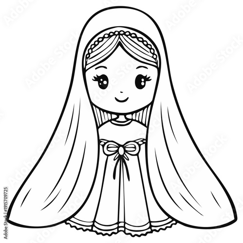 Charming cartoon illustration of a girl in a long veil and a sweet dress