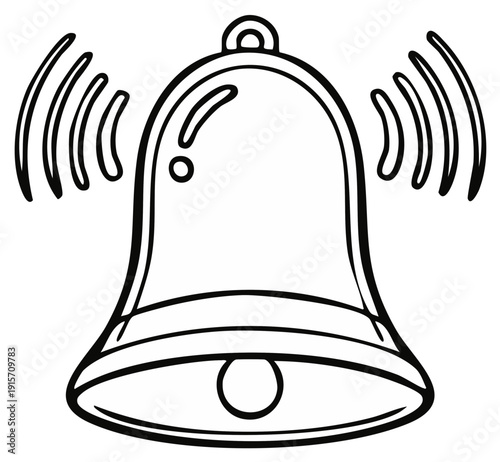 Cartoon line drawing of a ringing bell with sound waves indicating alarm or notification.