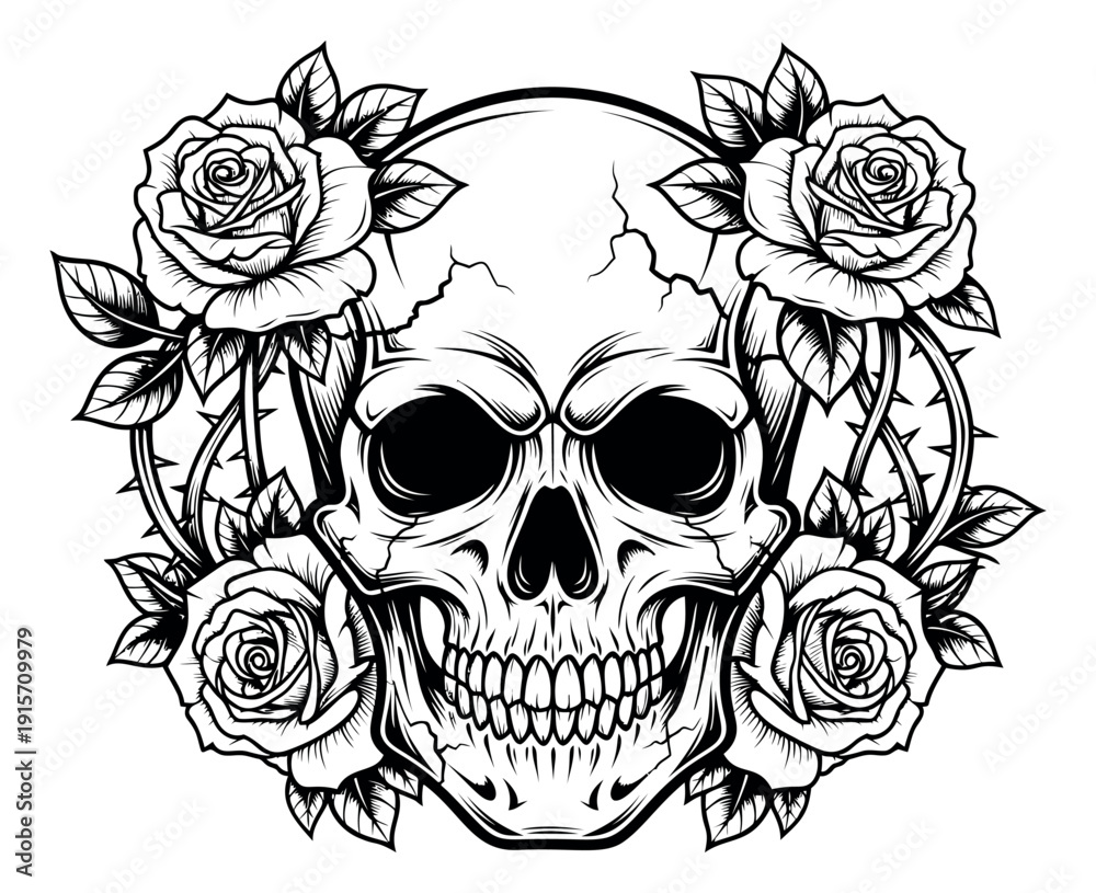 Fototapeta premium Tattoo style line art illustration of a skull depicting a human skull framed by detailed roses and thorns for gothic art or design projects