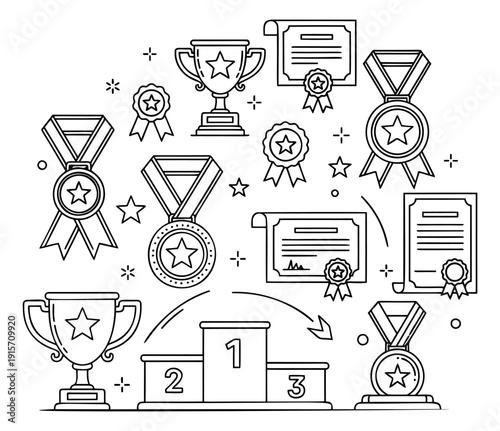 Hand drawn awards set featuring trophies, medals, certificates, and a winner podium for competition and recognition