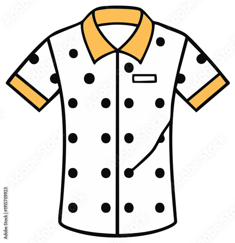 White short sleeve polka dot button up shirt with yellow collar and sleeve detail