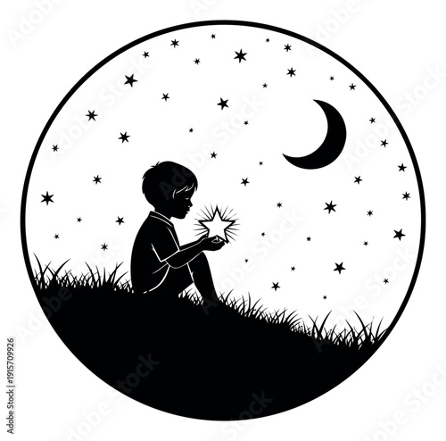 Silhouette illustration of a boy depicting him holding a glowing star for a magical night scene