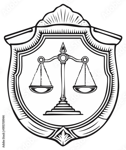 Scales of justice illustration. Law, equality, and legal symbol with shield emblem in vector format for designers and attorneys.
