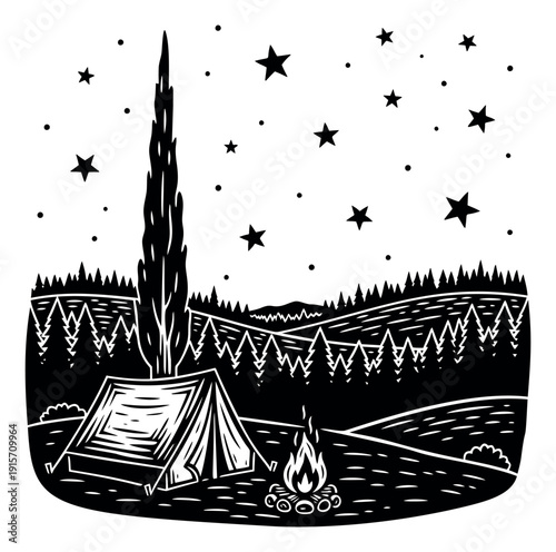 Woodcut style illustration of a camping scene depicting a tent and campfire under a starry night for wilderness adventure
