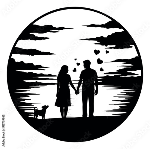 Silhouette illustration of a loving couple and their dog depicting them holding hands with floating hearts for a romantic relationship concept