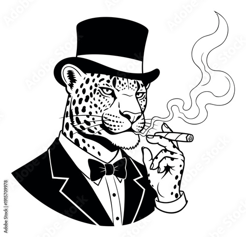 Line art illustration of a leopard depicting a gentleman smoking a cigar for a stylish concept