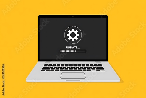 Laptop displaying software update progress bar and gear icon on yellow background
