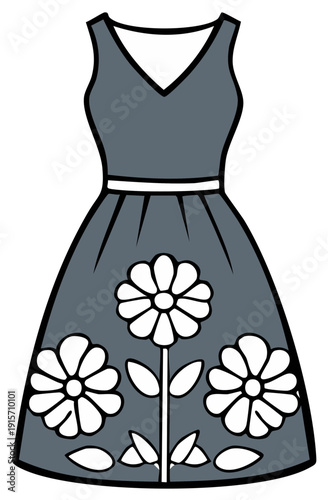 Stylized dark grey dress with white floral applique and a cinched waist