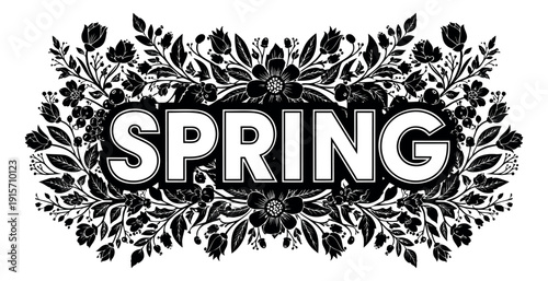 Hand drawn illustration of the word spring depicting blooming flowers and leaves for seasonal design