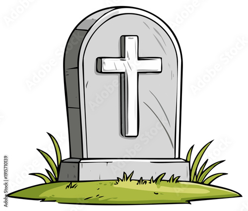 Cartoon headstone with cross on green grass.