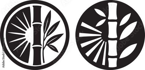Black and white circular bamboo emblems with leaves and sunburst design elements, representing nature and minimalism.