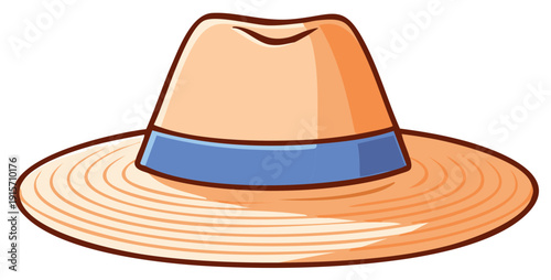 Classic cartoon straw sun hat with a blue ribbon band illustration