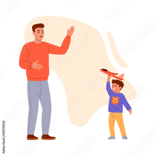Vector illustration of a father spending time with little son. Cartoon scene of happy boy holding, playing with airplane toy, dad standing with raised hand, isolated on white background. Parenthood.