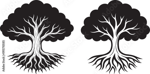 Artistic black silhouettes of two stylized trees with intricate root systems, symbolizing life and stability.