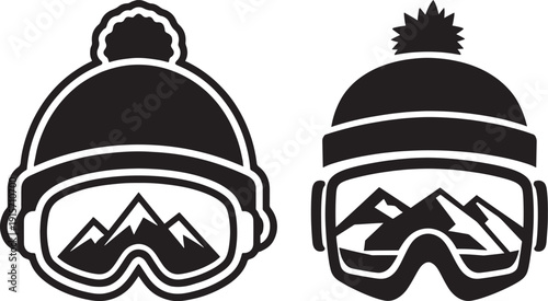 Black and white winter icons featuring ski goggles and beanies reflecting mountain scenes, for cold weather sports.