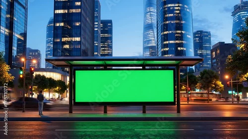 City street with bus stop and green screen