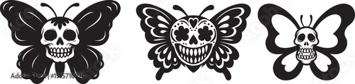 Three distinct skull butterflies in black and white, representing Day of the Dead, transformation, and the macabre.