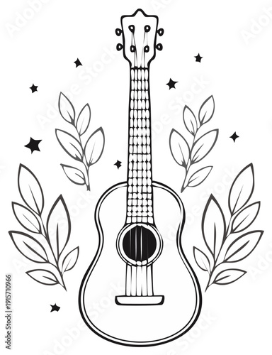 Whimsical Ukulele Illustration with Floral Accents and Stars