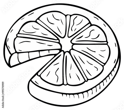 Black and white hand-drawn lemon slice with a segment removed.