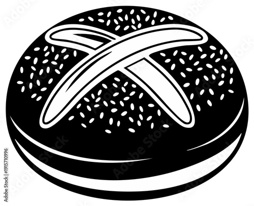 Artistic bread roll illustration with sesame seeds and decorative markings.