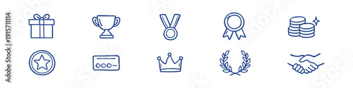 Set of hand-drawn achievement and reward icons including a trophy, medal, crown, and gift. Vector doodle style for business and success concepts.