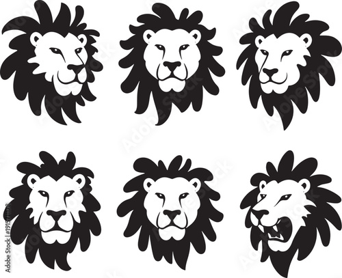 Group of six diverse lion head illustrations in black and white, showing different expressions and profiles, for strength and royalty.