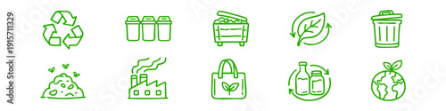Hand-drawn eco-friendly icon set featuring recycling symbols, trash bins, pollution, reusable bags, and green earth for sustainability concepts.