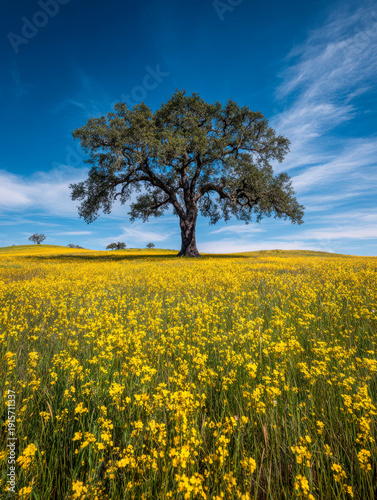 Lone oak tree standing tall in a vibrant field of yellow wildflowers under a deep blue sky with wispy clouds on a bright sunny day