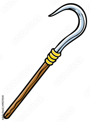 Hand drawn cartoon shepherd crook staff with a shiny metal hook and wooden handle