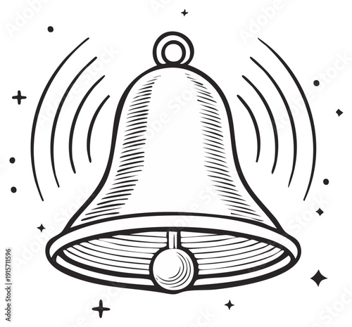 Illustrated ringing bell graphic with sound waves and star bursts, perfect for notifications.