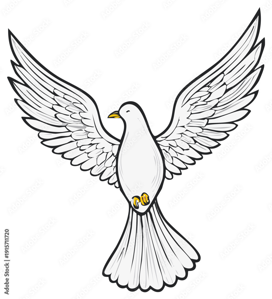 Obraz premium Cartoon illustration of a white dove with wings spread, symbol of peace and freedom