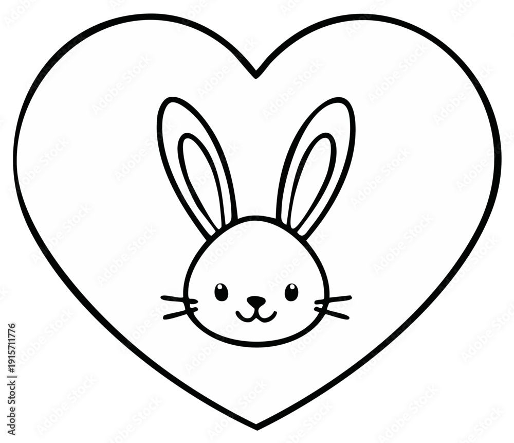 Obraz premium Cute bunny head inside a heart shape, simple outline illustration.