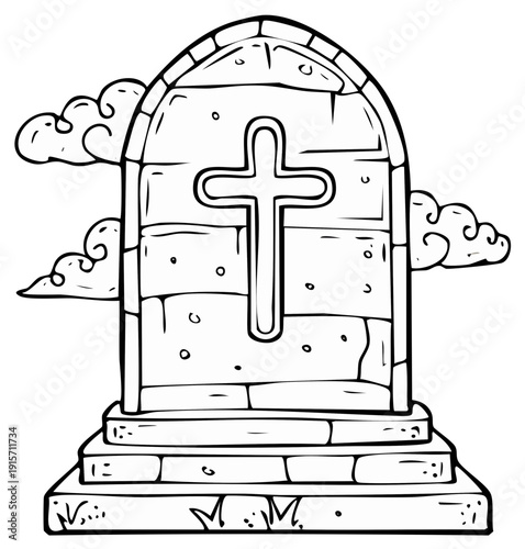 Hand-drawn illustration of a stone tombstone with a cross symbol against a cloudy sky