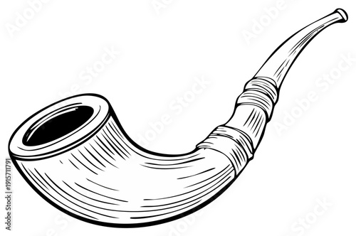 Elegant hand-drawn smoking pipe illustration with fine line details on white background. Tobacco lifestyle object drawing in black and white.