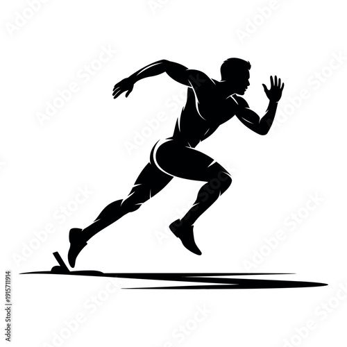 A black silhouette of a man running in a dynamic sprinting motion on a white background